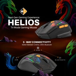 Ad for Helios tri-mode gaming mouse showing the black mouse with orange buttons and dragon graphics, highlighting USB/Bluetooth/2.4 GHz connectivity.