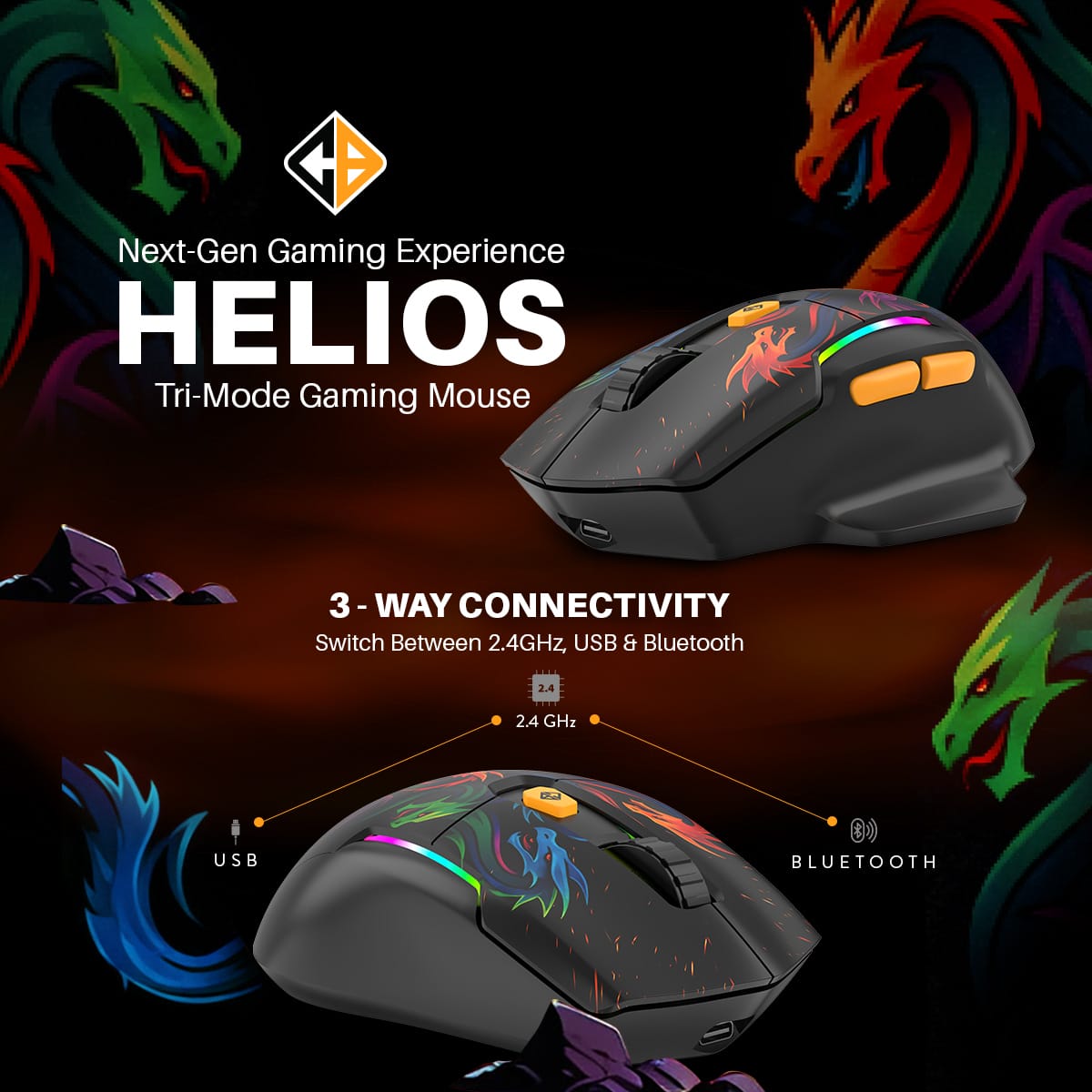 Ad for Helios tri-mode gaming mouse showing the black mouse with orange buttons and dragon graphics, highlighting USB/Bluetooth/2.4 GHz connectivity.