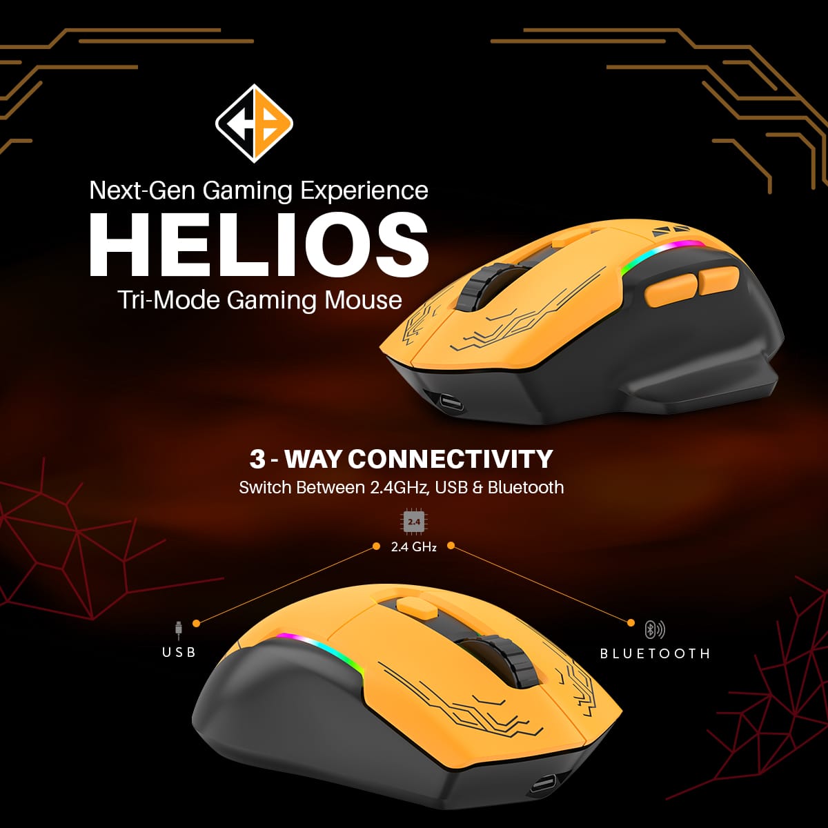 Promotional image for the Helios tri‑mode gaming mouse, highlighting next‑gen gaming experience and 3‑way connectivity (USB, 2.4 GHz, Bluetooth).