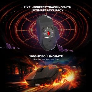 Banner with two gaming peripherals (sensor and mouse) against fiery neon background, promoting 1000Hz polling and 1ms response time, pixel-perfect tracking.