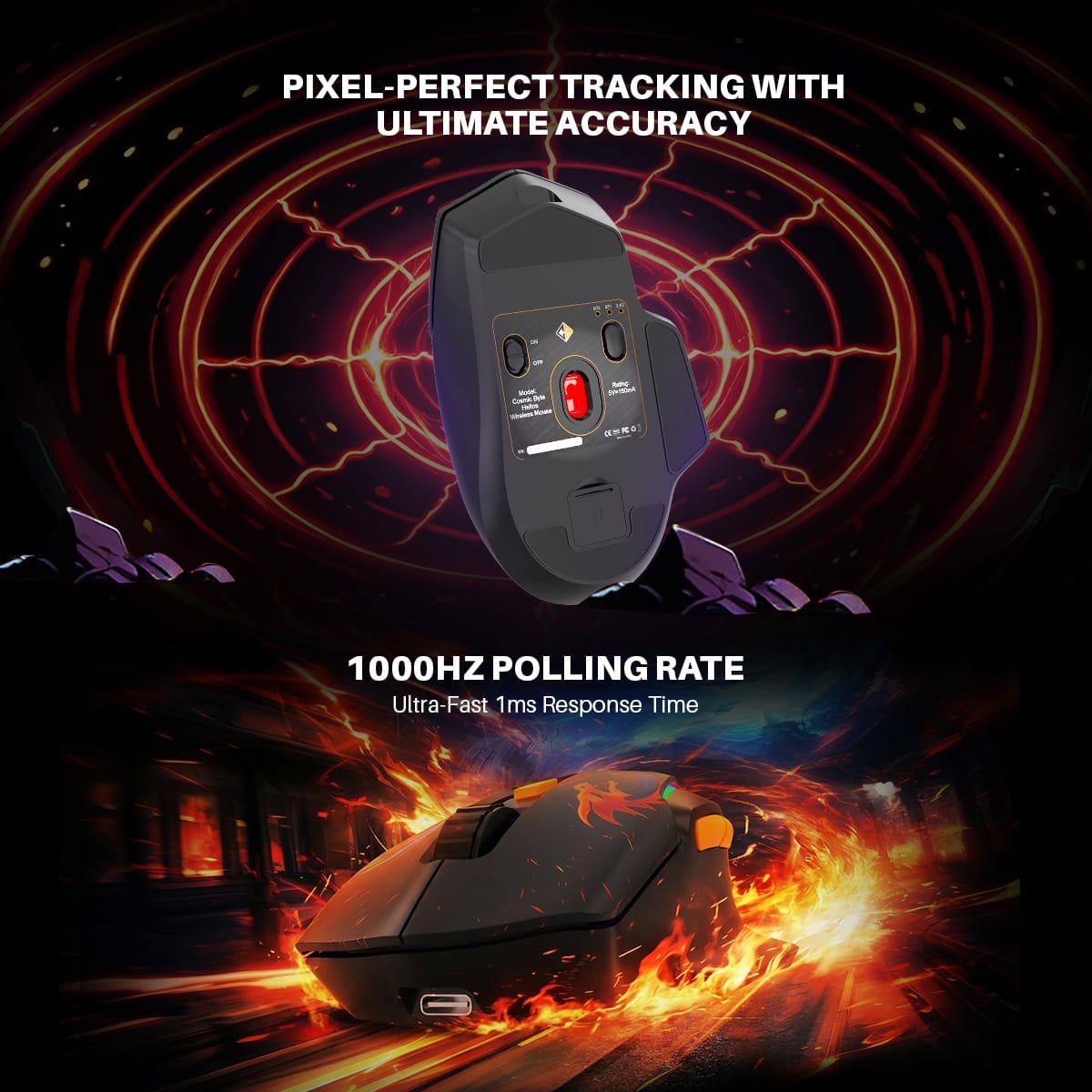 Banner with two gaming peripherals (sensor and mouse) against fiery neon background, promoting 1000Hz polling and 1ms response time, pixel-perfect tracking.
