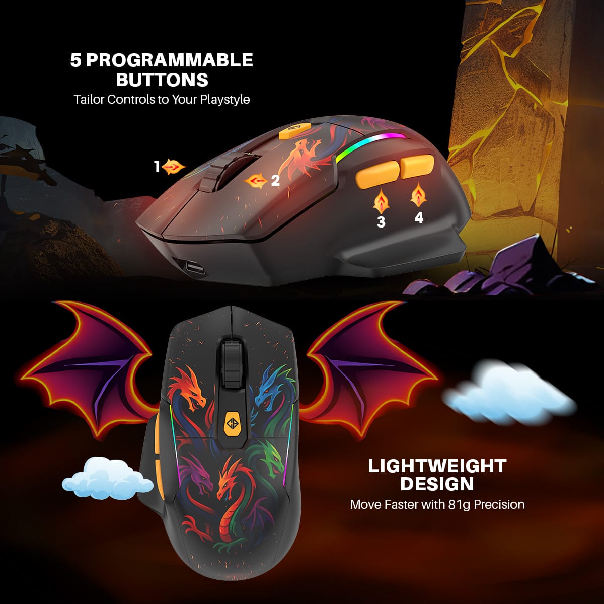 Gaming mouse with five programmable buttons and dragon-themed artwork on a dark background, emphasizing customization for playstyle.
