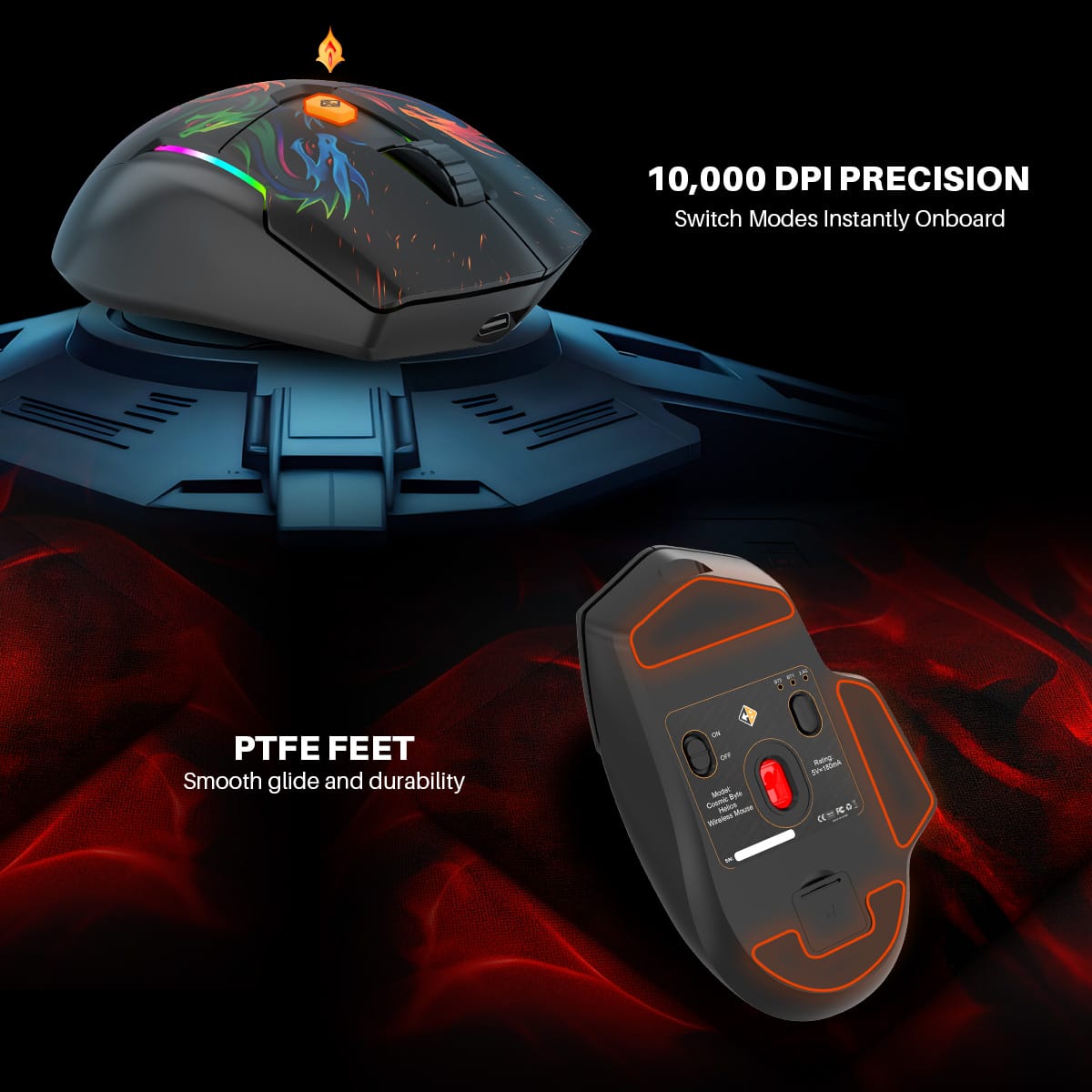 Gaming mouse with RGB dragon design on a platform; wireless receiver shown; emphasizes 10,000 DPI precision and onboard mode switching.