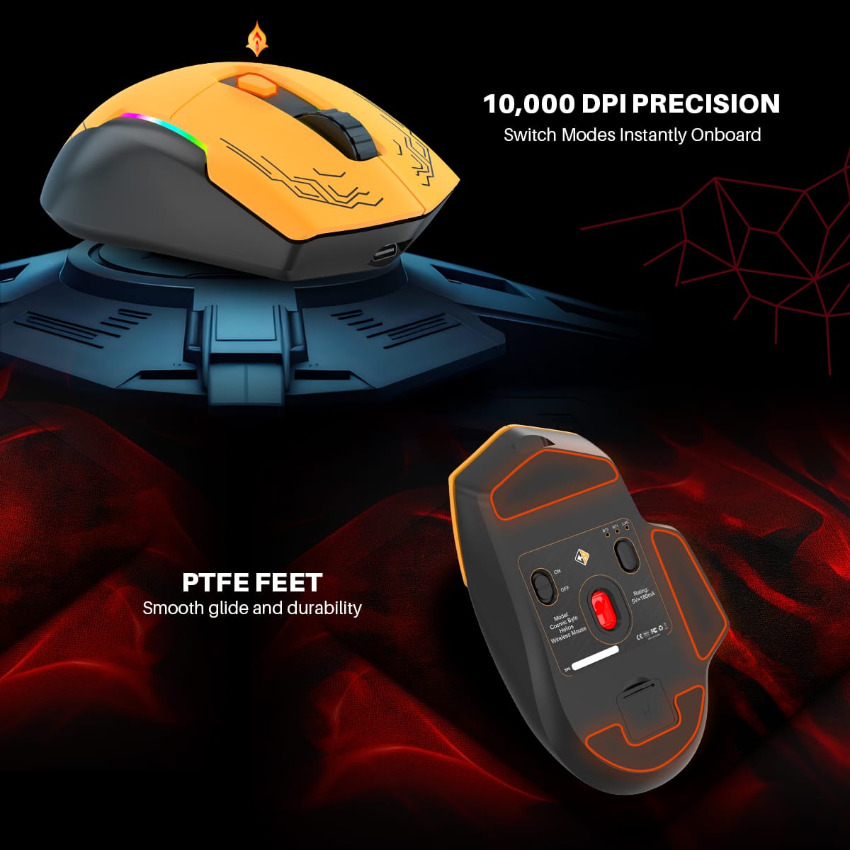 Orange and black gaming mouse with LED accents on a dark background, highlighting 10,000 DPI precision.