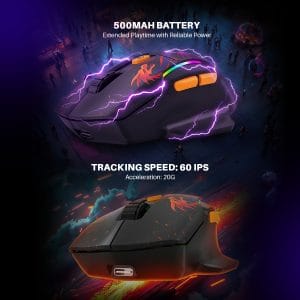 Gaming mouse concept with purple lightning, highlighting 500mAh battery and 60 IPS tracking for fast play; acceleration 20G stated below title.