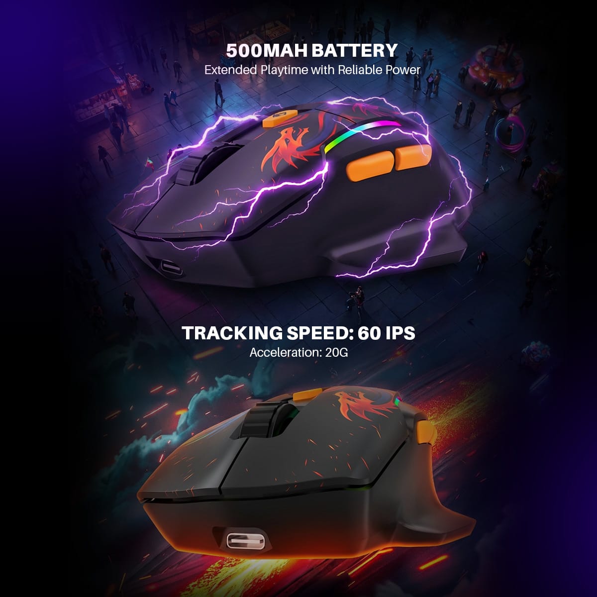 Gaming mouse concept with purple lightning, highlighting 500mAh battery and 60 IPS tracking for fast play; acceleration 20G stated below title.
