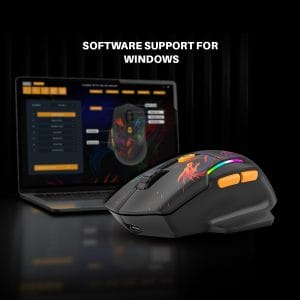 Gaming mouse with orange side buttons and fiery design in foreground; laptop screen showing software interface in the background (Windows support).