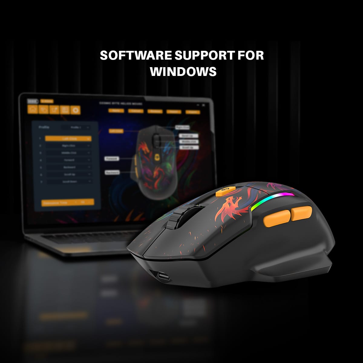 Gaming mouse with orange side buttons and fiery design in foreground; laptop screen showing software interface in the background (Windows support).