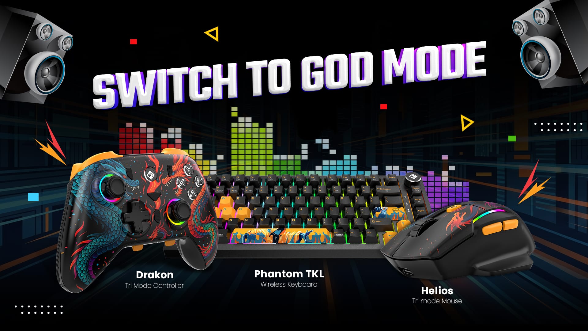 Banner advertising gaming gear with colorful controllers, keyboard, and mouse in a neon, skyline backdrop; text reads 'Switch to God Mode'.