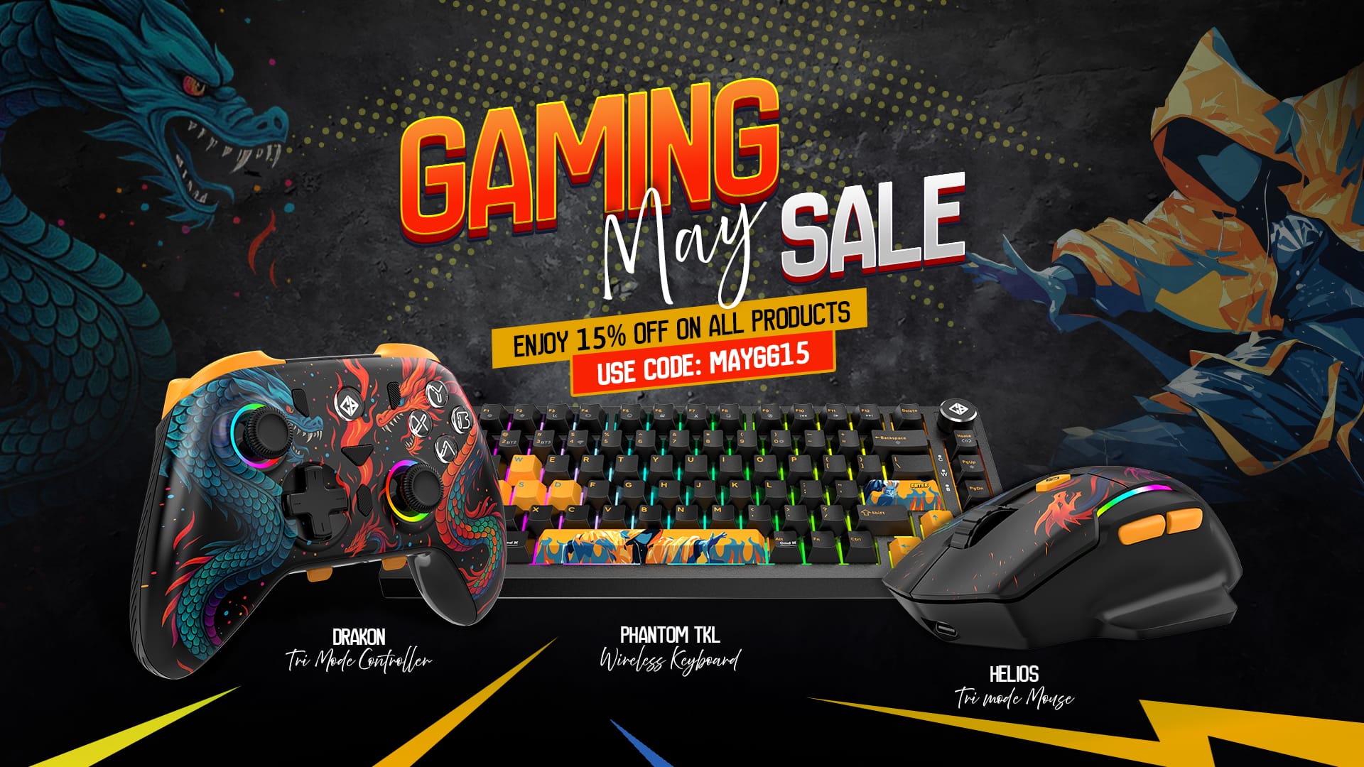 Promotional banner for a Gaming May sale featuring a colorful dragon controller, keyboard, and mouse against a dark background.