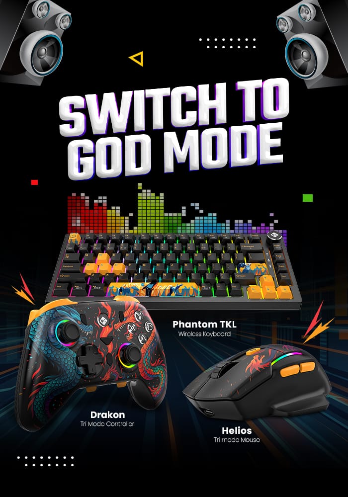 Promotional banner showing a neon, backlit keyboard, dragon-pattern controller, and a gaming mouse against a black background with 'Switch to God Mode' text.
