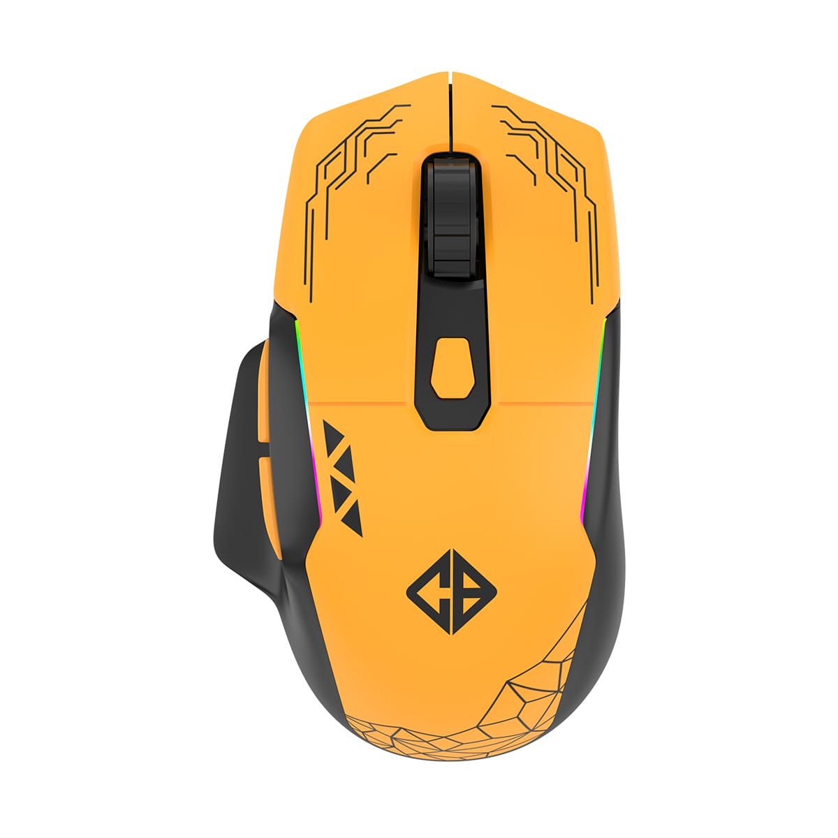 Orange gaming mouse with black side grips and geometric line patterns, scroll wheel centered, logo on the palm area.
