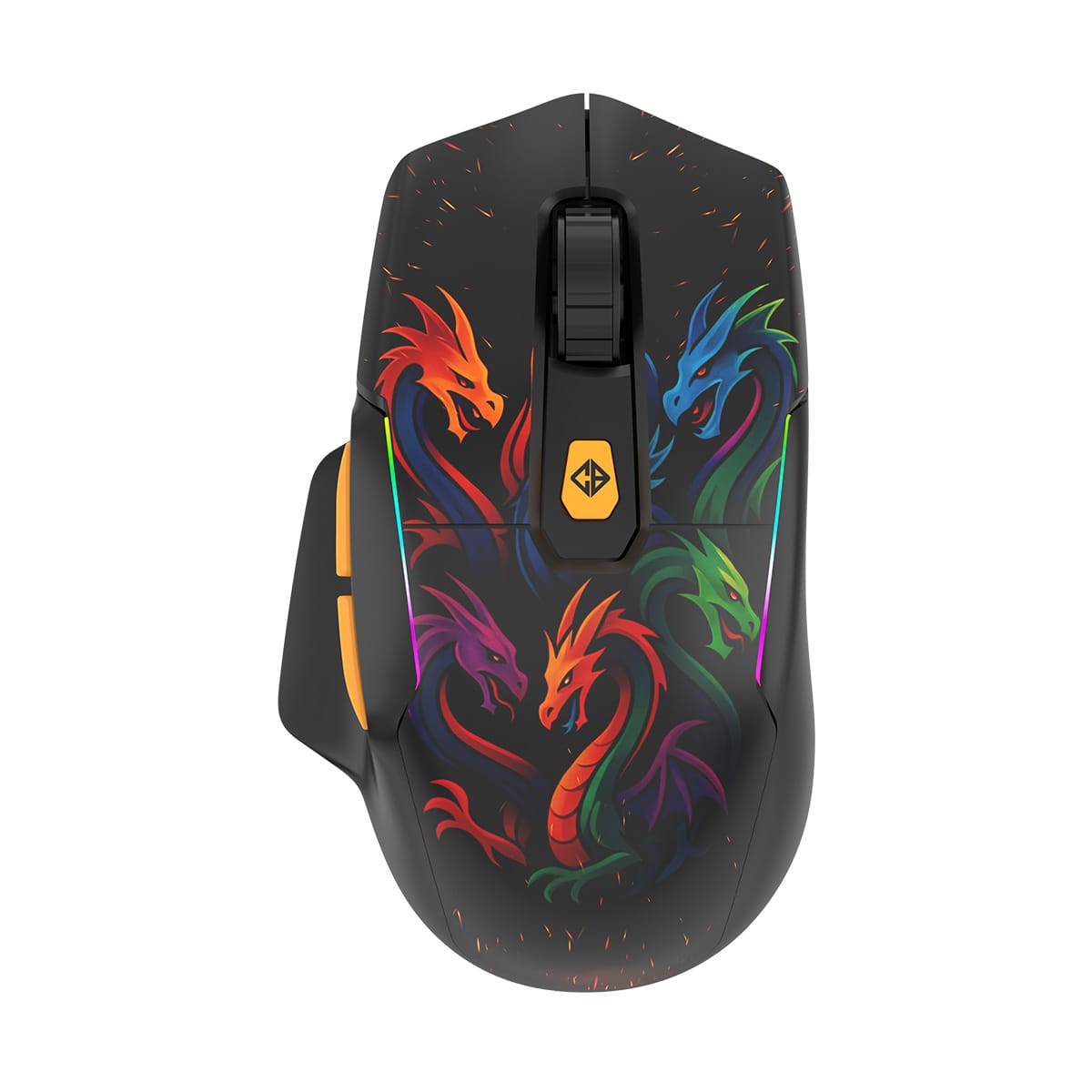 Gaming mouse with a colorful dragon design and RGB accents on a dark body, left-side orange buttons visible.