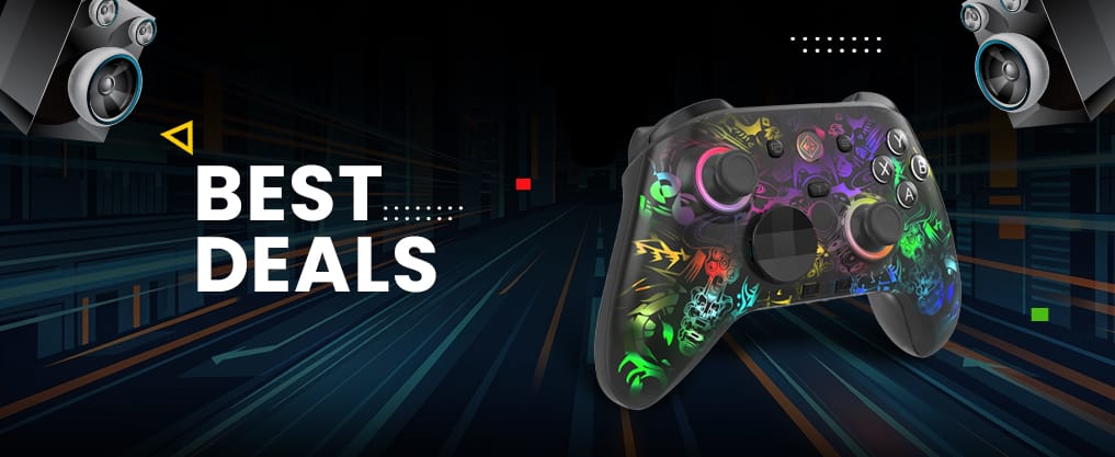 Promotional banner showing 'BEST DEALS' with a colorful game controller against a neon, futuristic background and speakers in the corners.