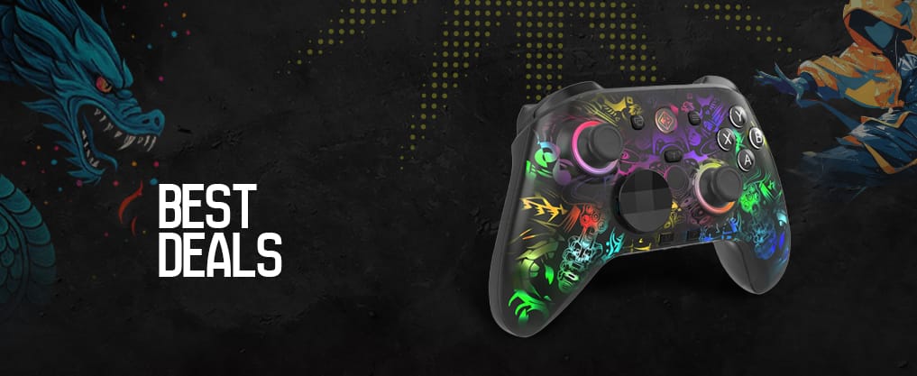 Advertisement banner announcing 'Best Deals' with a neon-colored game controller on a dark textured background and dragons on the sides, suggesting gaming deals.