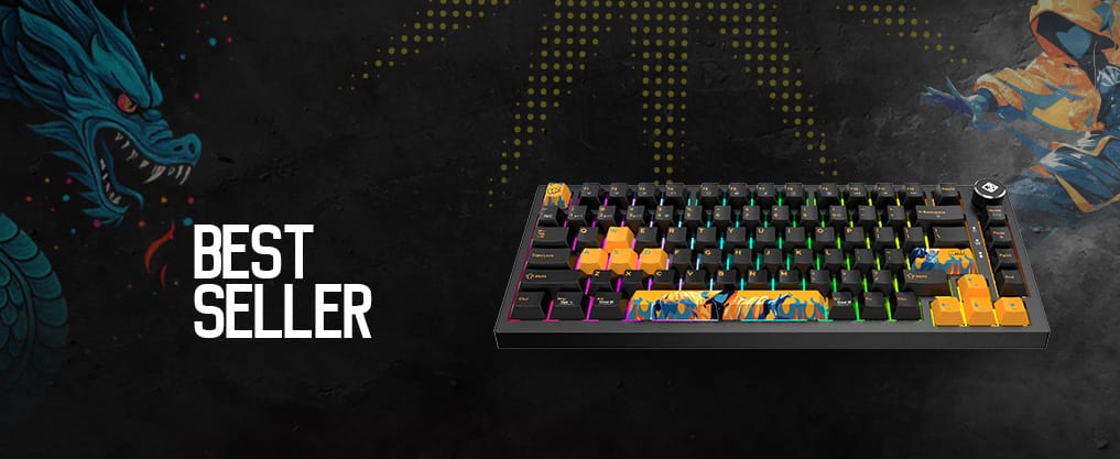 Bold 'BEST SELLER' text on a dark wall beside a colorful mechanical keyboard with dragon graphics.