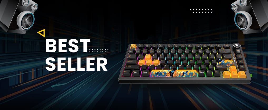 Promotional banner: a colorful mechanical keyboard with 'BEST SELLER' on a dark futuristic background with speakers nearby.
