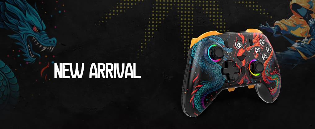 Banner featuring a colorful dragon-themed game controller on a dark background with the text 'NEW ARRIVAL'.