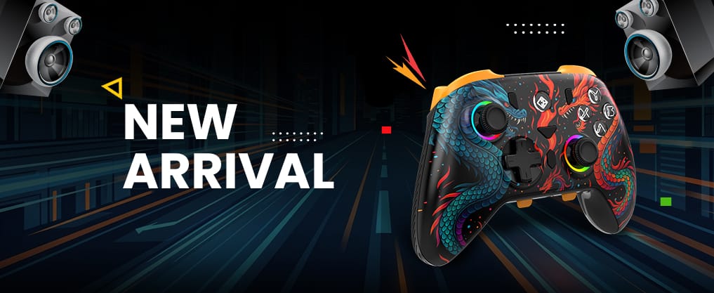 Promotional banner featuring a dragon-illustrated game controller with bold 'NEW ARRIVAL' text in a futuristic setting.