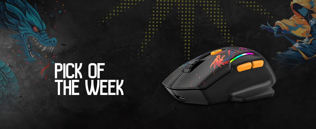 Banner reading 'PICK OF THE WEEK' beside a black gaming mouse with orange side buttons on a dark textured background with dragon artwork.