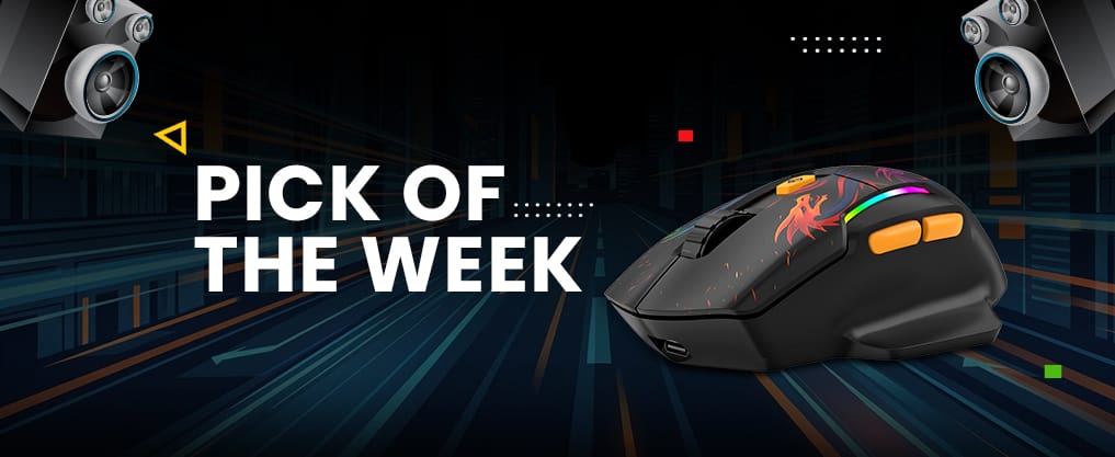 Bold banner reading 'PICK OF THE WEEK' with a black gaming mouse featuring orange buttons against a neon futuristic background.